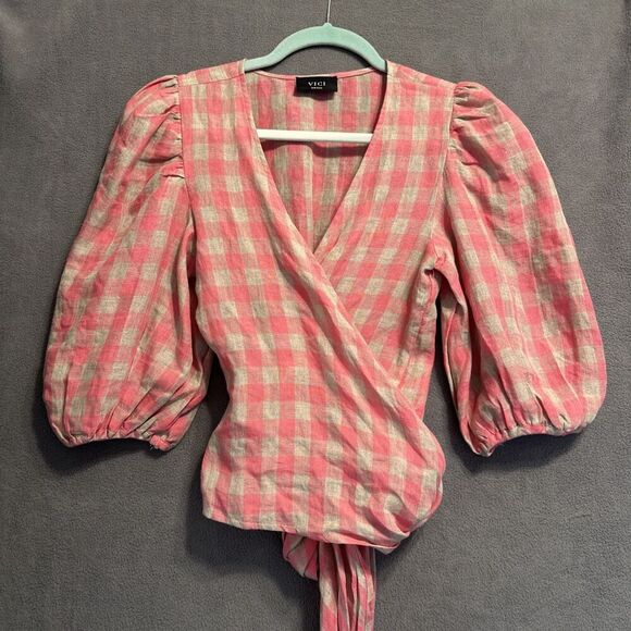 Vici 100% Linen Gingham Cropped Wrap Top Size S Pink Western Beach Cottagecore - Picture 4 of 8